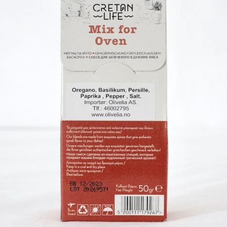 Mix krydder til ovnsretter 50 g - Cretan Life - Bakside - Olivelia