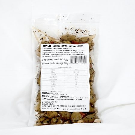 Naxos Grønne steinfrie oliven marinert med hvitløk og urter 500 g - Olivelia