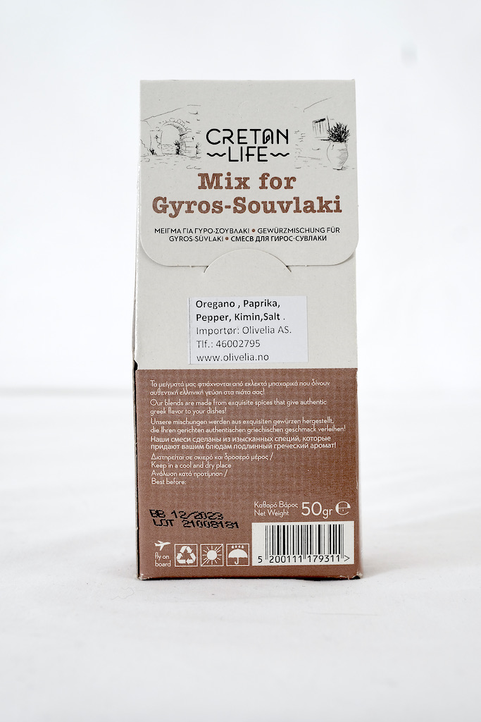 Souvlaki og gyros mix 50 g - Cretan Life - Bakside - Olivelia