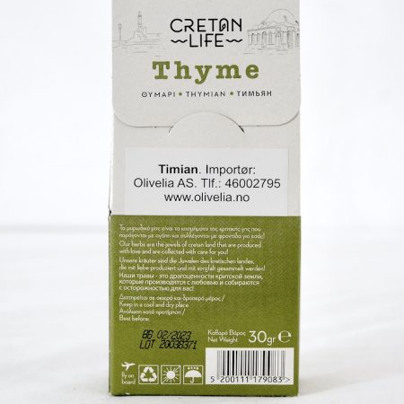 Timian krydder fra Hellas 30 g - Cretan Life - Bakside- Olivelia