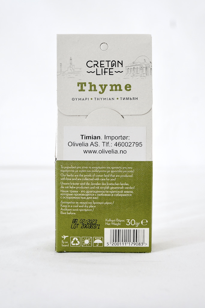 Timian krydder fra Hellas 30 g - Cretan Life - Bakside- Olivelia